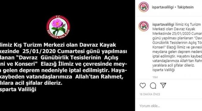 Elazığ depremi nedeniyle Davraz’daki açılış töreni iptal edildi