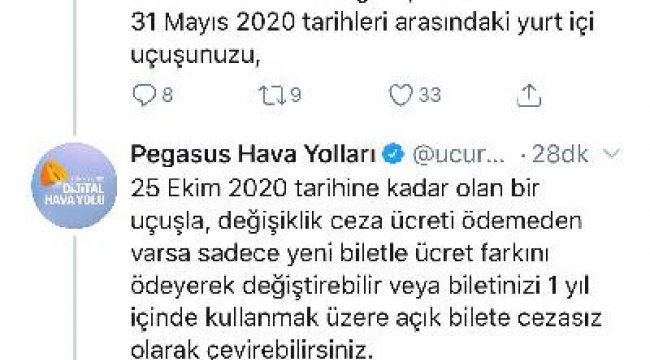 Pegasus’tan yurt içi biletleriyle ilgili duyuru