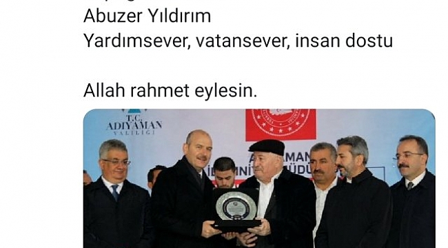 Bakan Soylu'dan Abuzer Yıldırım için başsağlığı mesajı.