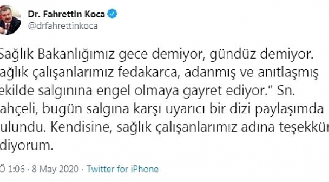Bakan Koca'dan Bahçeli'ye teşekkür.