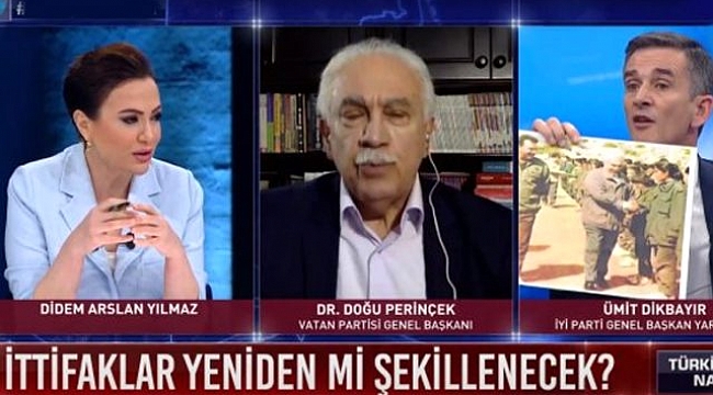 Canlı yayında Perinçek'in gözlerinin içine bakarak Öcalan'la çekilen fotoğraflarını gösterdi.