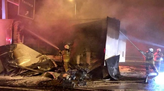 İzmir'de biber yüklü tırın dorsesi, alev alev yandı