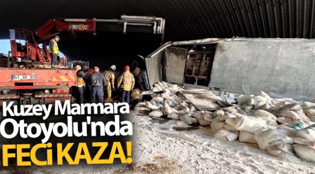 Kuzey Marmara Otoyolu'nda alçı yüklü tır devrildi