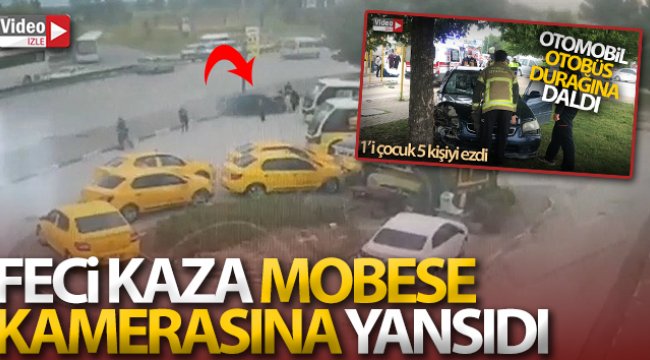 Hız sonucu kontrolden çıkan aracın durağa daldığı anlar kamerada