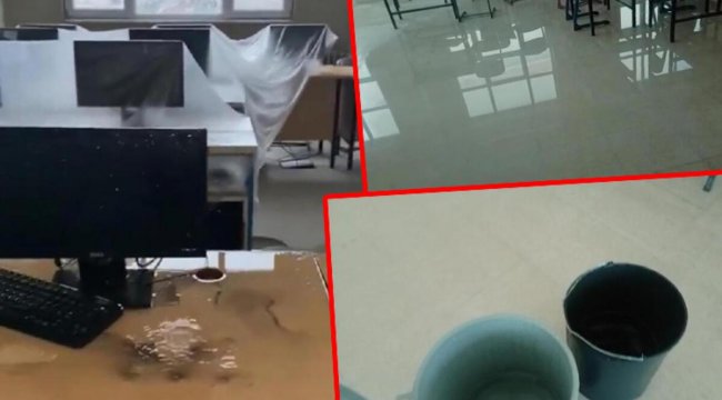 Lodosta çatısı zarar gören okulu su bastı