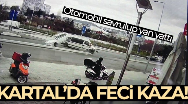 Kartal’da okul servisiyle çarpışan otomobil savrulup yan yattı