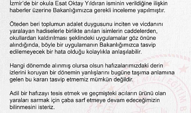 MEB'den bir okula ismi verilen Esat Oktay Yıldıran açıklaması: İnceleme başlatıldı