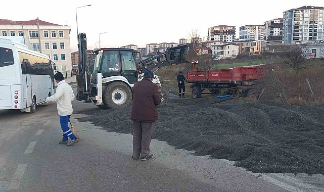 Römork devrildi: Yol, ayçiçeği harmanına dönüştü