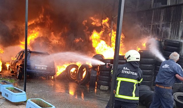 Samsun'da eski araç lastikleri ile otomobil alevlere teslim oldu