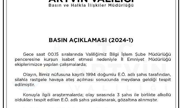 Artvin'de Valilik binasına isabet eden mermiyle ilgili 1 kişi gözaltına alındı