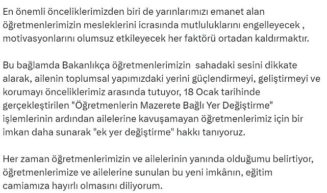 Bakan Tekin: "Ailelerine kavuşamayan öğretmenlerimiz için bir imkan daha sunarak, ek yer değiştirme hakkı tanıyoruz"