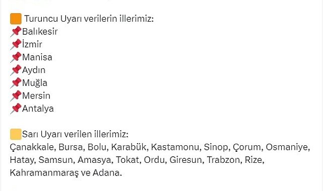 Bakan Yerlikaya&#039;dan 7 il için turuncu, 18 il için sarı kodlu uyarı