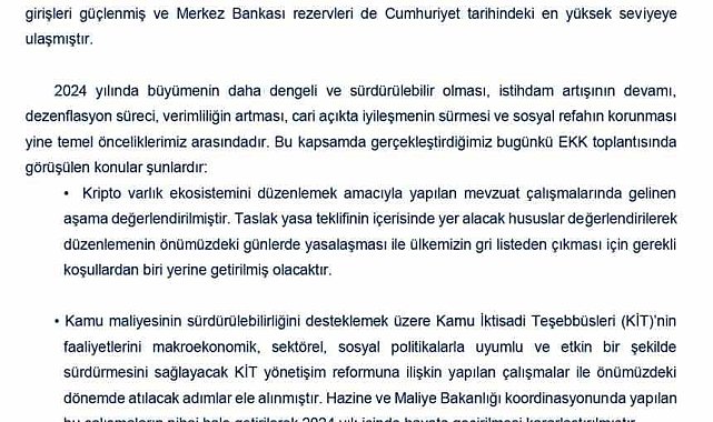 Ekonomi Koordinasyon Kurulu: "Yapısal reformlar hayata geçirilerek bu doğrultuda etkin ve kararlı adımlar eş güdüm içerisinde atılacak"
