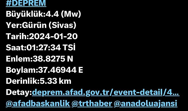 Sivas'ta 4.4 büyüklüğünde deprem