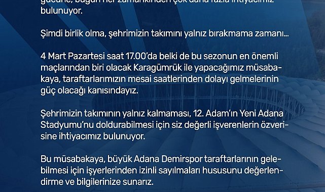 Adana Demirspor'dan iş verenlere çağrı