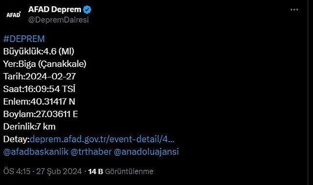 Çanakkale&#039;de 4.6 büyüklüğünde deprem