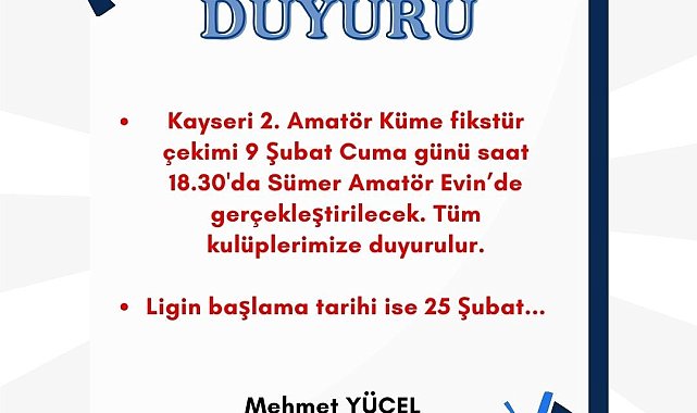 Kayseri'de 2. Küme fikstürü yarın çekilecek