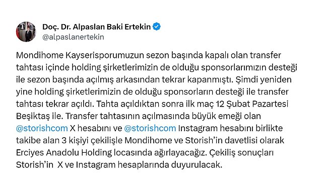 Kayserispor'un transfer tahtası açıldı