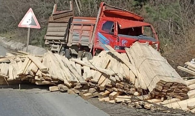 Kereste yüklü kamyonun freni patladı, sürücü yaralandı