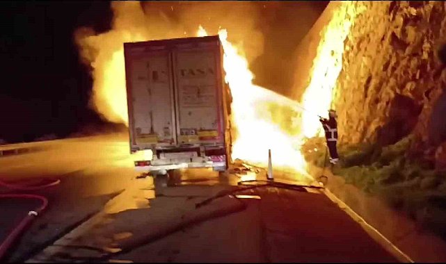 Otoyolda alevlere teslim olan tır kullanılamaz hale geldi