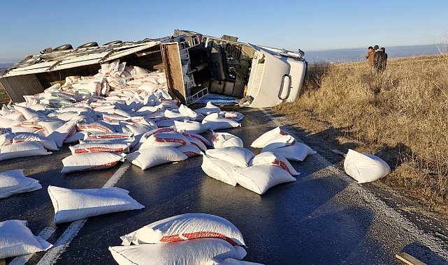 Yem yüklü tır devrildi, sürücü yaralandı