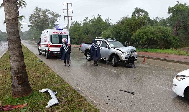 Yolda kayan kamyonet refüjdeki palmiyeye çarptı: 2 yaralı