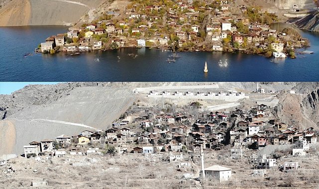 Yusufeli Barajı'nın yapılması ile sular altında kalan köy baraj suları çekilince yeniden ortaya çıktı