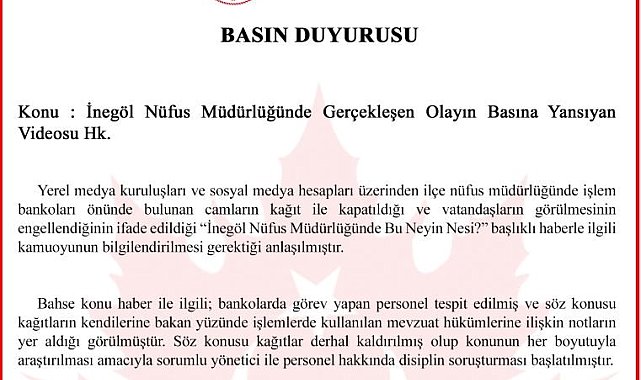 İnegöl Nüfus Müdürlüğü'nde çekilen videoya ilişkin valilikten açıklama