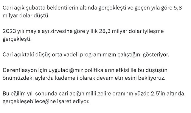 Bakan Şimşek: "Cari açıktaki düşüş orta vadeli programımızın çalıştığını gösteriyor"
