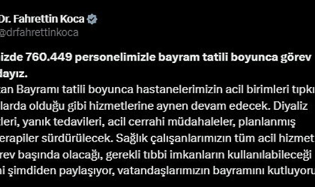 Bayram tatili boyunca 760 bin 449 sağlık personeli görev yapacak