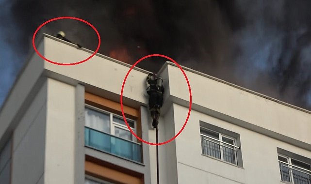Diyarbakır'da korku dolu anlar: Alevler arasında kalan itfaiye eri kendini itfaiye hortumuyla aşağı bıraktı