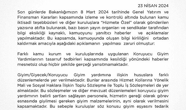 Hazine Bakanlığı: "Koruyucu giyim yardımları kesildi haberleri gerçeği yansıtmıyor"