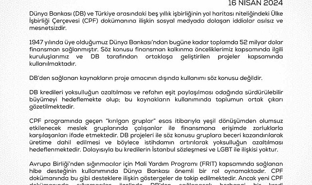 Hazine ve Maliye Bakanlığından Dünya Bankasından alınan kaynaklara ilişkin açıklama