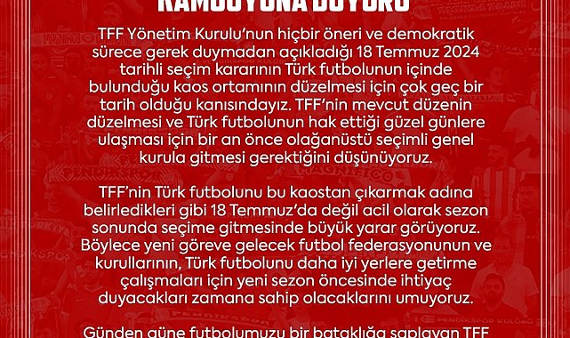Pendikspor'dan TFF'ye seçim çağrısı