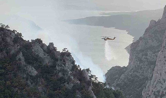 Şahinkaya Kanyonu&#039;nda orman yangını: 1 helikopter ve 2 uçak havadan müdahale etti
