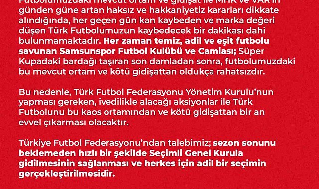 Samsunspor, TFF'yi 'acil' seçimli genel kurula davet etti