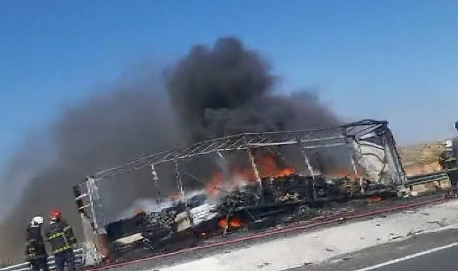 Seyir halindeki tırın dorsesi alev alev yandı