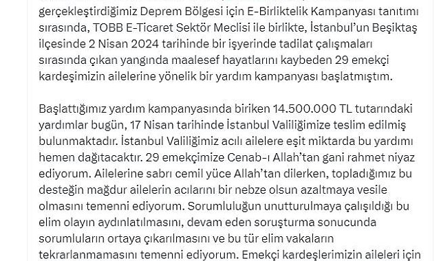 Ticaret Bakanı Bolat açıkladı: "Beşiktaş'taki yangın faciasında hayatını kaybeden 29 işçi için 14 milyon 500 bin TL toplandı"