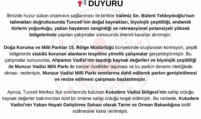 Ahpanos Vadisi, Munzur Vadisi Milli Parkı sınırlarına dahil edildi