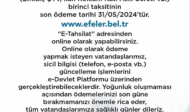 Efeler Belediyesi'nden vergi ödemesi hatırlatması