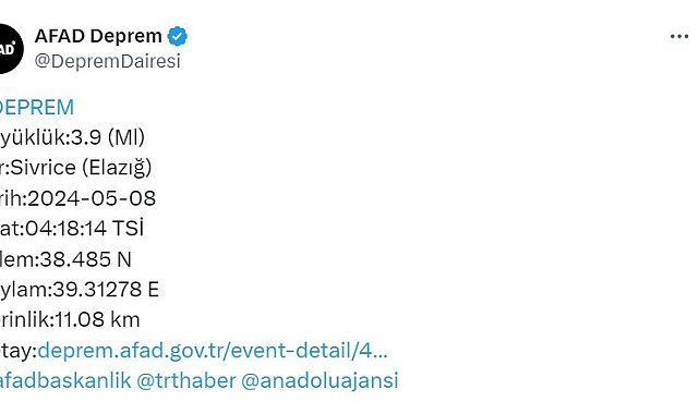 Elazığ'da 3.9 büyüklüğünde deprem