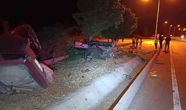Kontrolden çıkıp refüjdeki ağaca çarpan otomobil ikiye bölündü