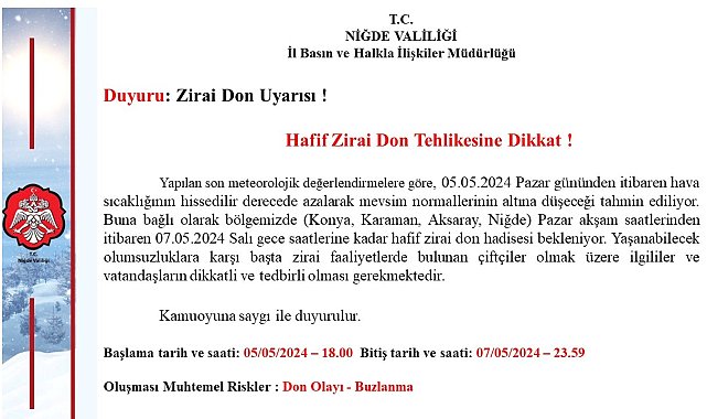 Niğde Valiliği uyardı zirai don uyarısı yaptı