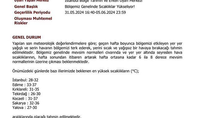 Sakarya Valiliği mevsim normalleri üzerine çıkacak hava sıcaklığına karşı uyardı