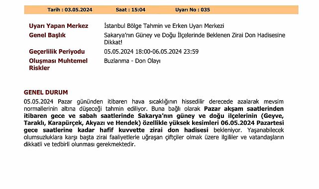 Sakarya'da zirai don uyarısı