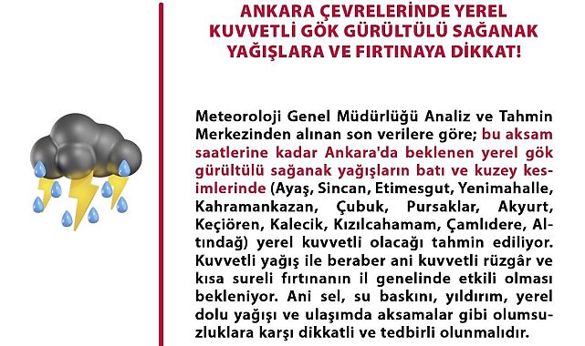 Ankara Valiliğinden 'yerel kuvvetli gök gürültülü sağanak uyarısı'