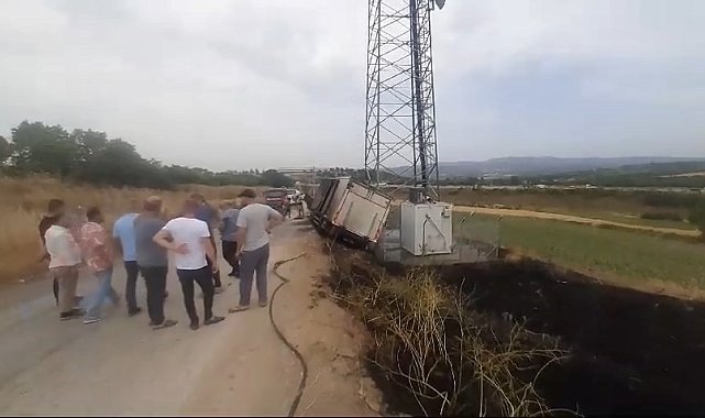 Arı yüzünden devrilen kamyon yandı