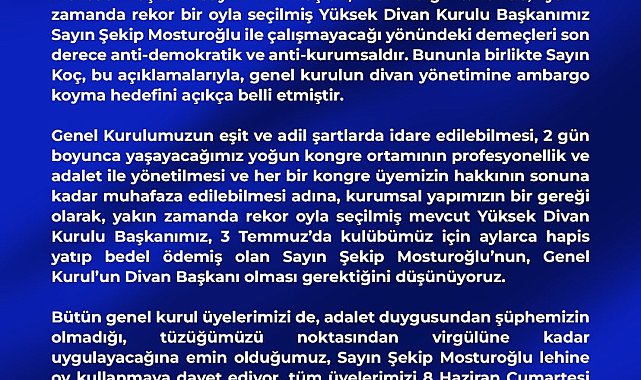 Aziz Yıldırım'dan kongre üyelerine çağrı