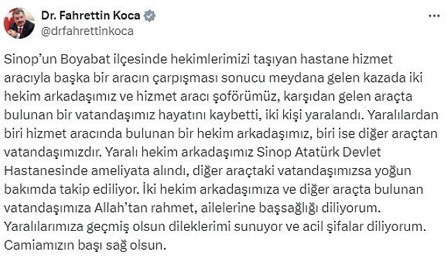 Bakan Koca'dan Sinop'taki kaza açıklaması