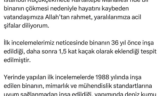 Bakan Özhaseki'den Küçükçekmece'de çöken bina ile ilgili açıklama